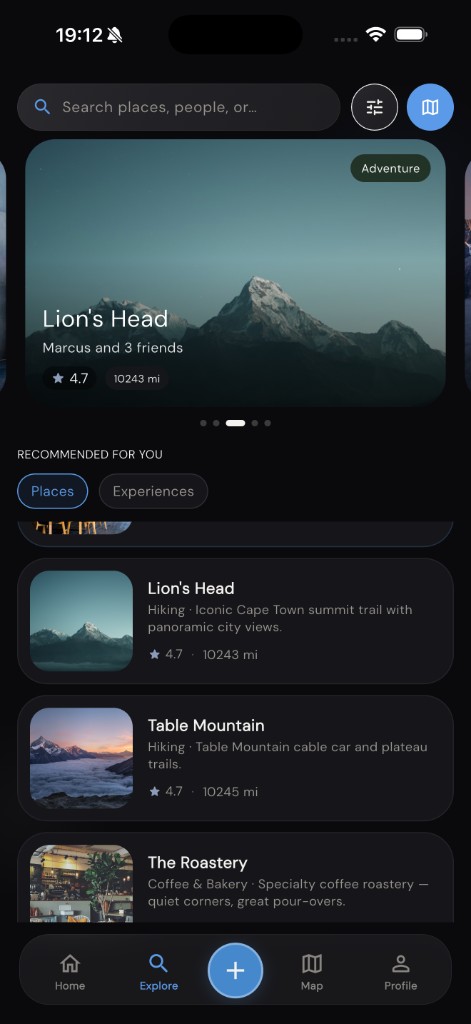 LifeMaxxing explore screen with recommended places