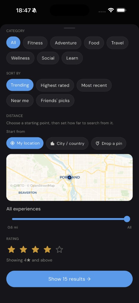LifeMaxxing explore filters for category, distance and rating