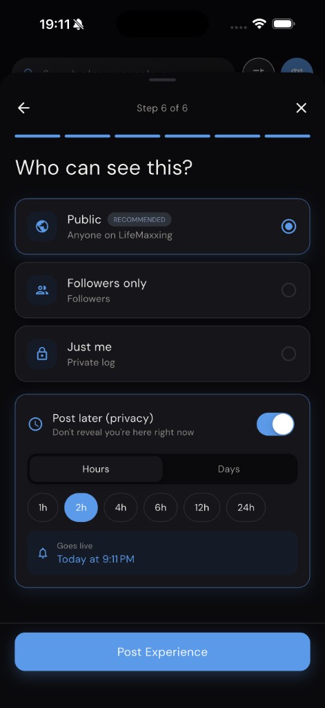 LifeMaxxing logged experience confirmation