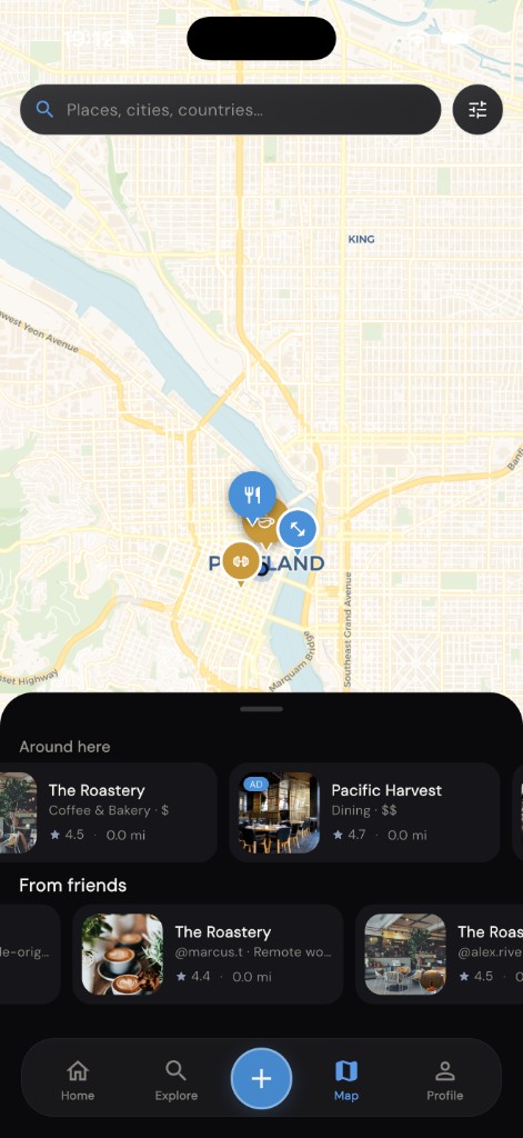 LifeMaxxing map with nearby places and friends